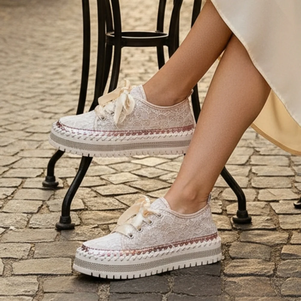 Lace Mesh Rhinestone Platform Sneakers Satin Ribbon Laces Retro Y2K Bling Shoes